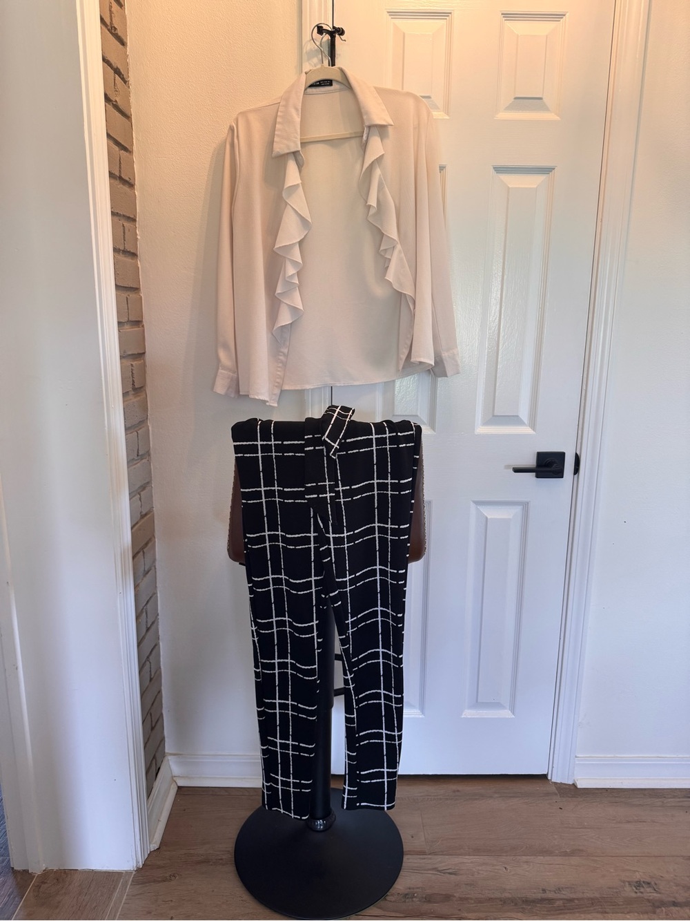 SHEIN Cream Ruffle Blouse & Black Windowpane Plaid Trousers Set